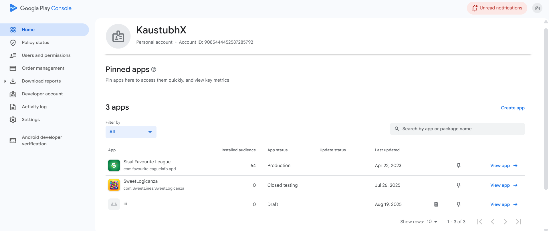 Sample Google Play Console dashboard